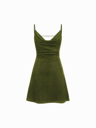 Cowl Neck Backless Chain Ruched Detail Cami Mini Dress