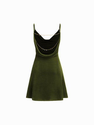 Cowl Neck Backless Chain Ruched Detail Cami Mini Dress