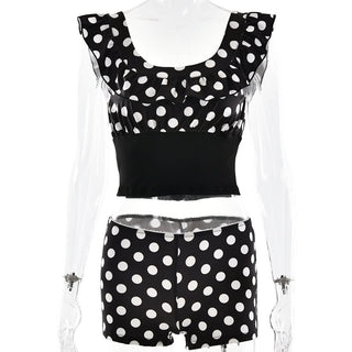 Polka dot u neck ruffle low rise pant set