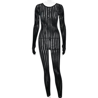 Long sleeve round neck gloves hollow out jumpsuit