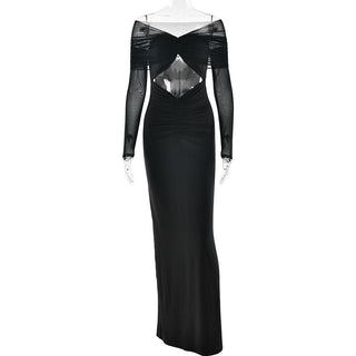 Long sleeve hollow out ruched mesh cut out maxi dress