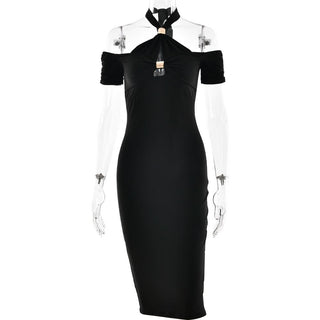 Halter hollow out self tie solid cut out midi dress