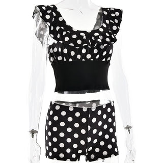 Polka dot u neck ruffle low rise pant set