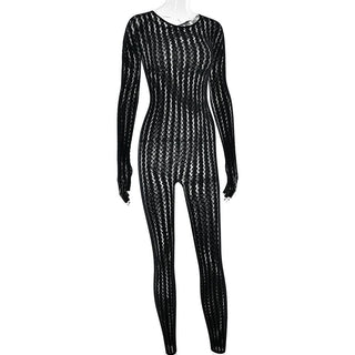 Long sleeve round neck gloves hollow out jumpsuit