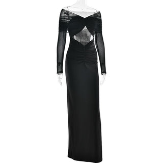 Long sleeve hollow out ruched mesh cut out maxi dress