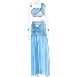 One shoulder ruched slit mesh maxi skirt set