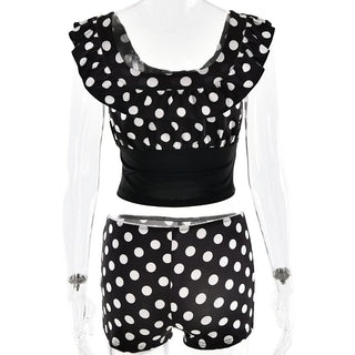 Polka dot u neck ruffle low rise pant set