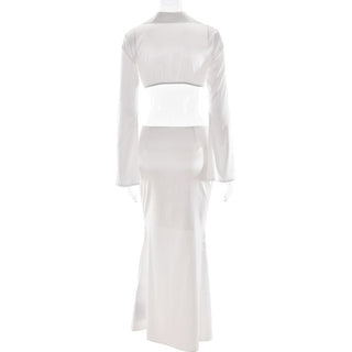 Satin long sleeve v neck maxi skirt set