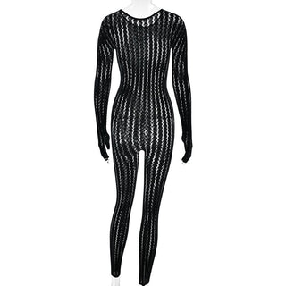 Long sleeve round neck gloves hollow out jumpsuit
