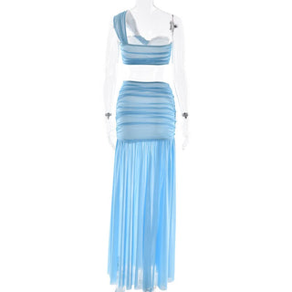 One shoulder ruched slit mesh maxi skirt set