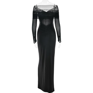 Long sleeve hollow out ruched mesh cut out maxi dress