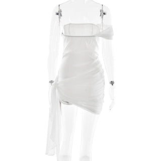 Ruched irregular satin backless tube mini dress