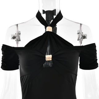 Halter hollow out self tie solid cut out midi dress