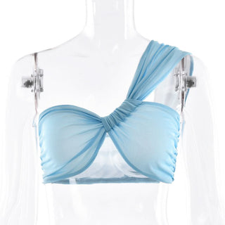 One shoulder ruched slit mesh maxi skirt set