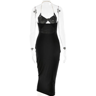 Halter metal chain hollow out ruched cut out midi dress