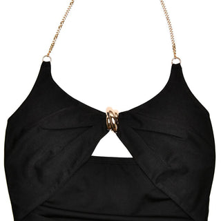 Halter metal chain hollow out ruched cut out midi dress