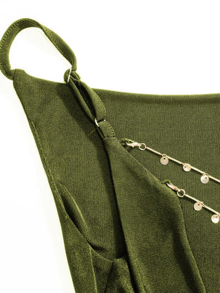 Cowl Neck Metal Chain Backlesss Ruched Wide Leg Jumpsuit