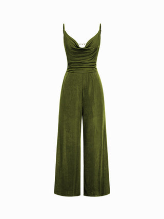 Cowl Neck Metal Chain Backlesss Ruched Wide Leg Jumpsuit