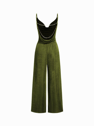 Cowl Neck Metal Chain Backlesss Ruched Wide Leg Jumpsuit