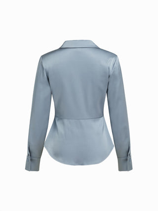 Satin Collar Long Sleeve Curved Hem Cinched Waist Shirt