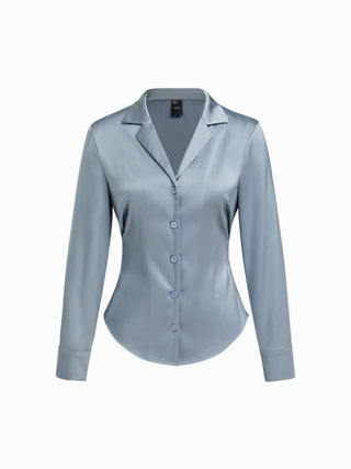 Satin Collar Long Sleeve Curved Hem Cinched Waist Shirt