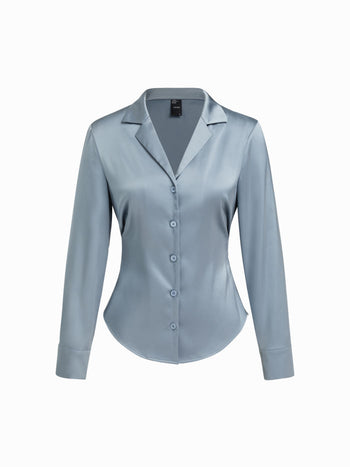 Satin Collar Long Sleeve Curved Hem Cinched Waist Shirt