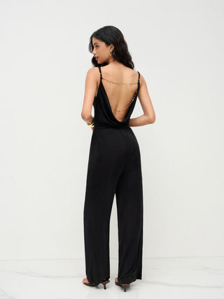 Cowl Neck Metal Chain Backlesss Ruched Wide Leg Jumpsuit