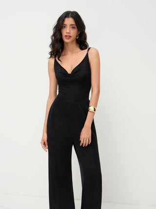 Cowl Neck Metal Chain Backlesss Ruched Wide Leg Jumpsuit