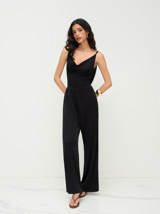Cowl Neck Metal Chain Backlesss Ruched Wide Leg Jumpsuit
