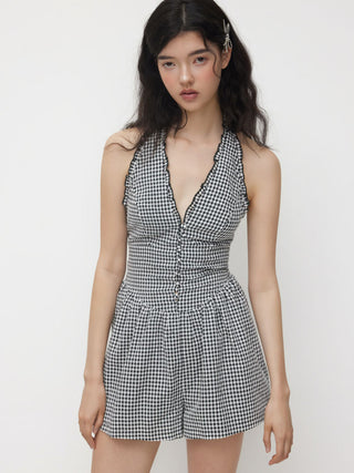 Gingham Halter Neckline Shirred Romper