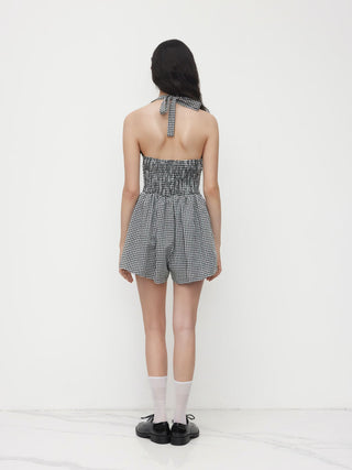 Gingham Halter Neckline Shirred Romper