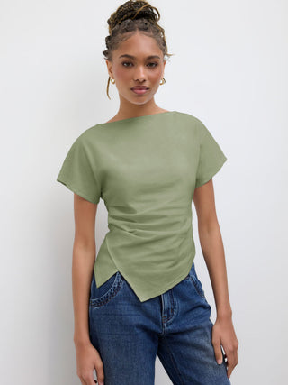 Cotton-blend Boat Neck Ruched Asymmetrical Hem Tee