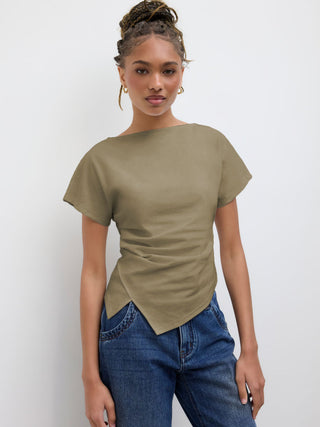 Cotton-blend Boat Neck Ruched Asymmetrical Hem Tee