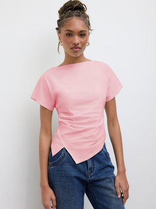 Cotton-blend Boat Neck Ruched Asymmetrical Hem Tee