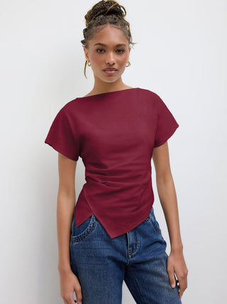 Cotton-blend Boat Neck Ruched Asymmetrical Hem Tee