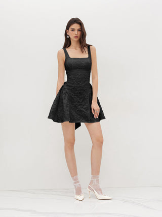 Jacquard U-neckline Floral Backless Bowknot Mini Dress