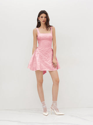 Jacquard U-neckline Floral Backless Bowknot Mini Dress
