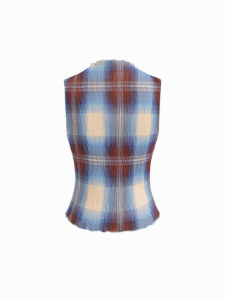 High Neck Plaid Texture Lettuce Trim Tank Top