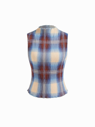 High Neck Plaid Texture Lettuce Trim Tank Top