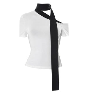 Short sleeve irregular one shoulder self tie top