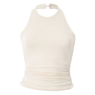 Halter ruched button backless solid top
