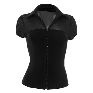 Turnover collar button mesh short sleeve top