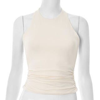 Halter ruched button backless solid top
