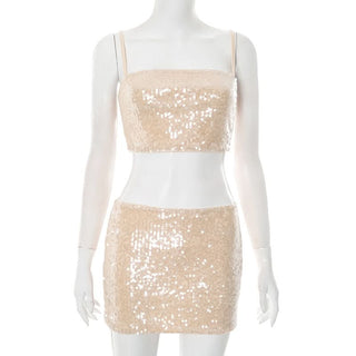Glitter square neck backless cami mini skirt set