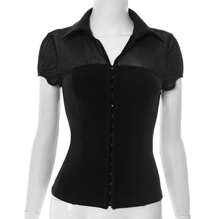 Turnover collar button mesh short sleeve top