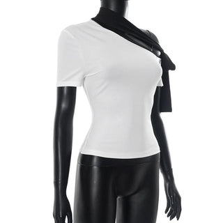 Short sleeve irregular one shoulder self tie top