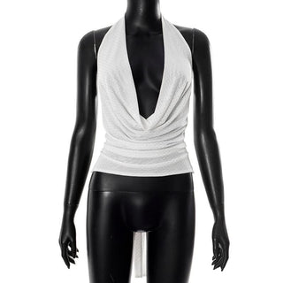 Cowl neck halter self tie mesh beaded top