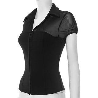 Turnover collar button mesh short sleeve top