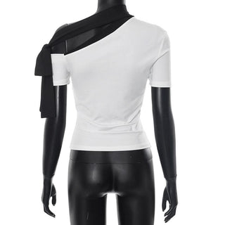 Short sleeve irregular one shoulder self tie top