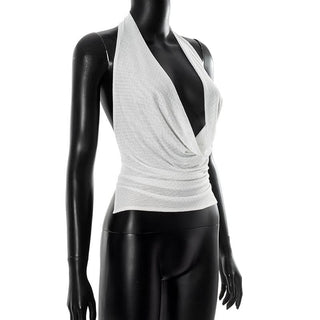 Cowl neck halter self tie mesh beaded top